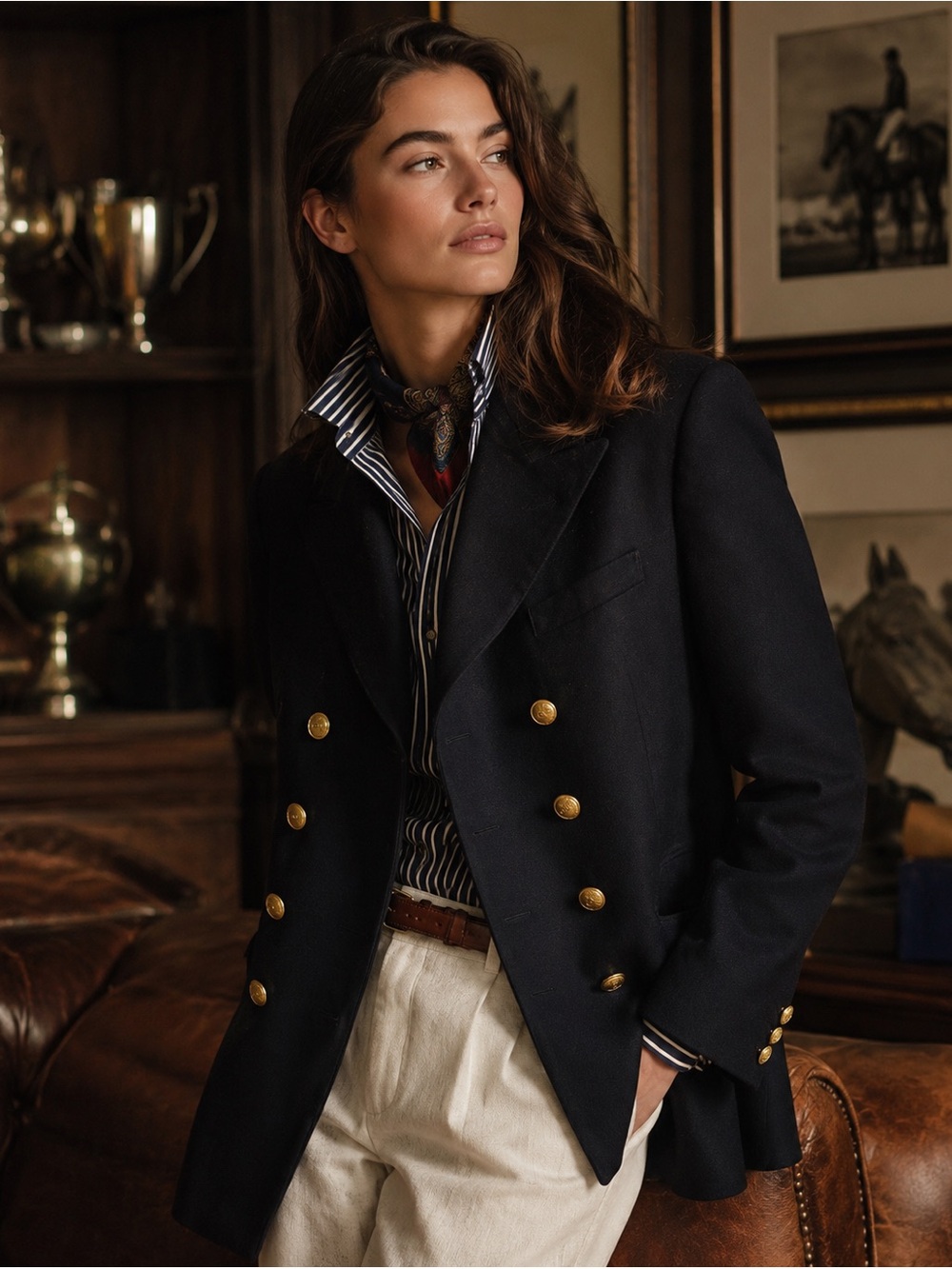 Vintage  Double-Breasted Military Navy Blazer with Gold Buttons